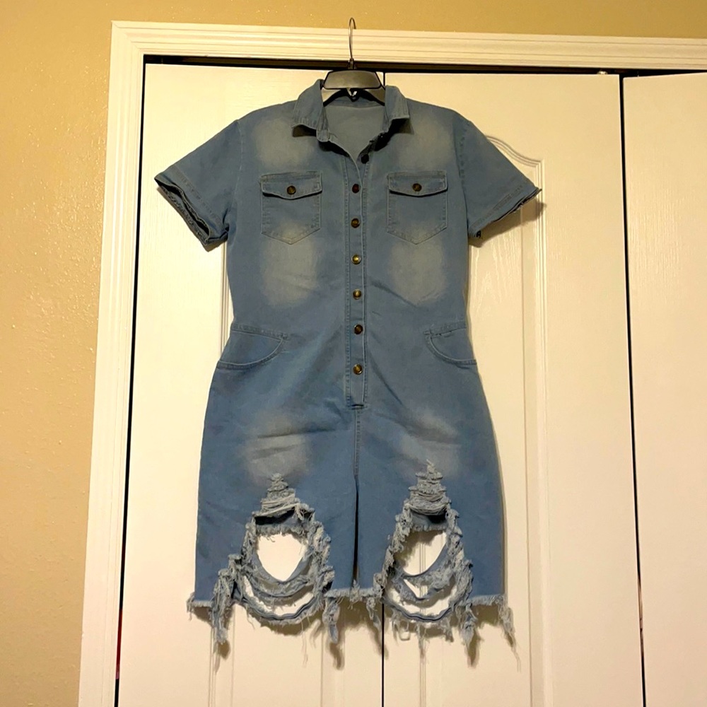 Distressed denim romper